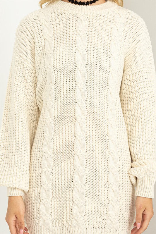 Cable-Knit Ribbed Sweater Dress-Cream-Avah