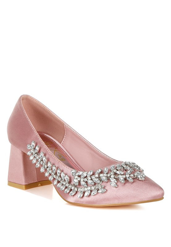 Blush satin block heel with crystal detailing, angled front view