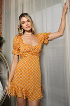 AVAH-Sunlit Daisy Puff Sleeve Mini Dress-Orange