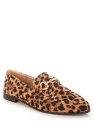 Leopard print loafer with gold horsebit detail, angled front view-AVAH
