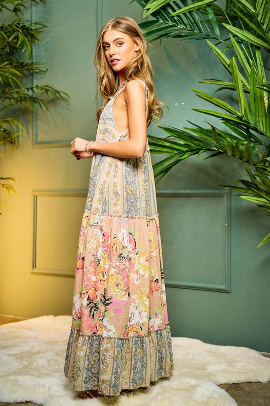 Halle Open Back Floral Maxi Dress-Pink Beige-Avah Couture