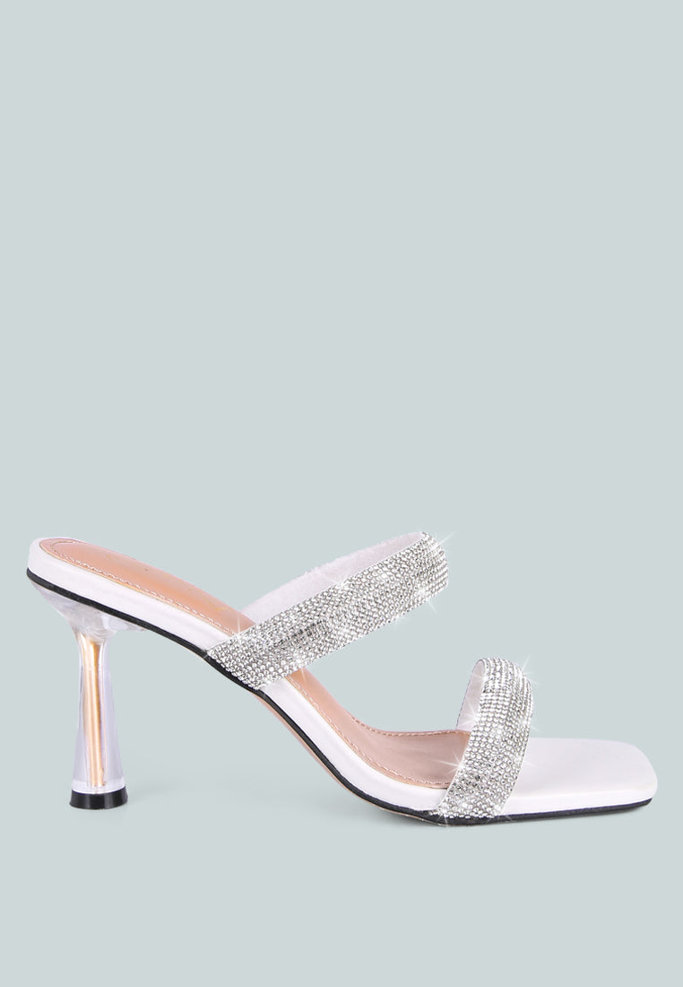 White high-heeled sandal with metallic heel, rhinestone details, and square toe on a white background, side view