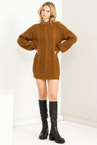 Cable-Knit Ribbed Sweater Dress-Brown-Avah