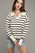 Senora Stripe Collared Knit Sweater-Ivory-Avah