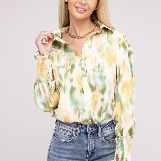 Springtime Watercolor Collared Long Sleeve Blouse