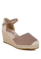 Taupe espadrille wedge sandal with closed round toe and ankle strap – front view-AVAH