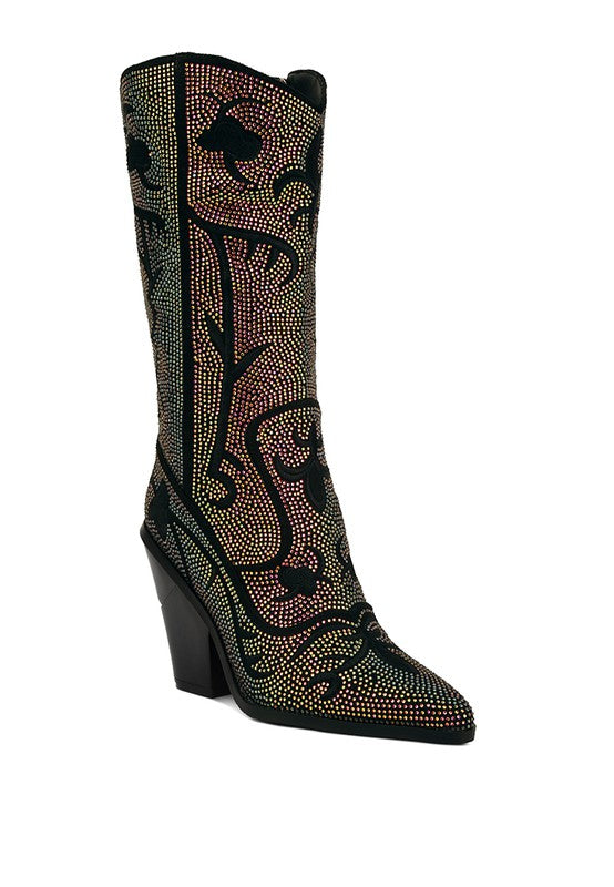 Destiny Rhinestone Embellished Calf Boots-Black-AVAH