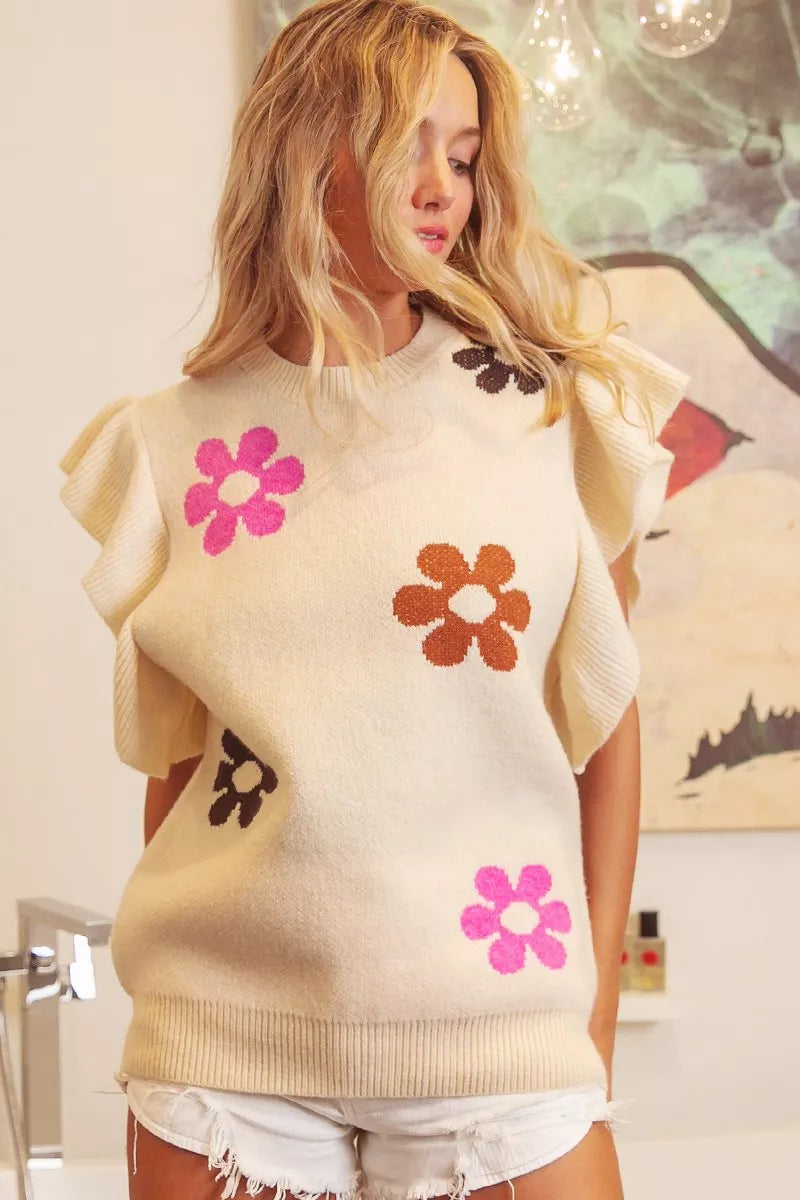 Oatmeal Flower Pop Ruffle Sleeve Sweater with pink, rust and brown floral designs, front view.