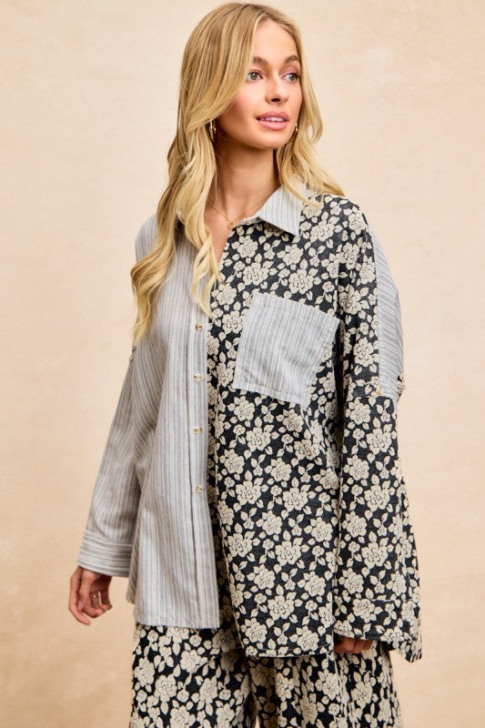 Side and back view of Florence Mixed Print Button Down Shirt showing striped upper panel and contrasting floral lower section.