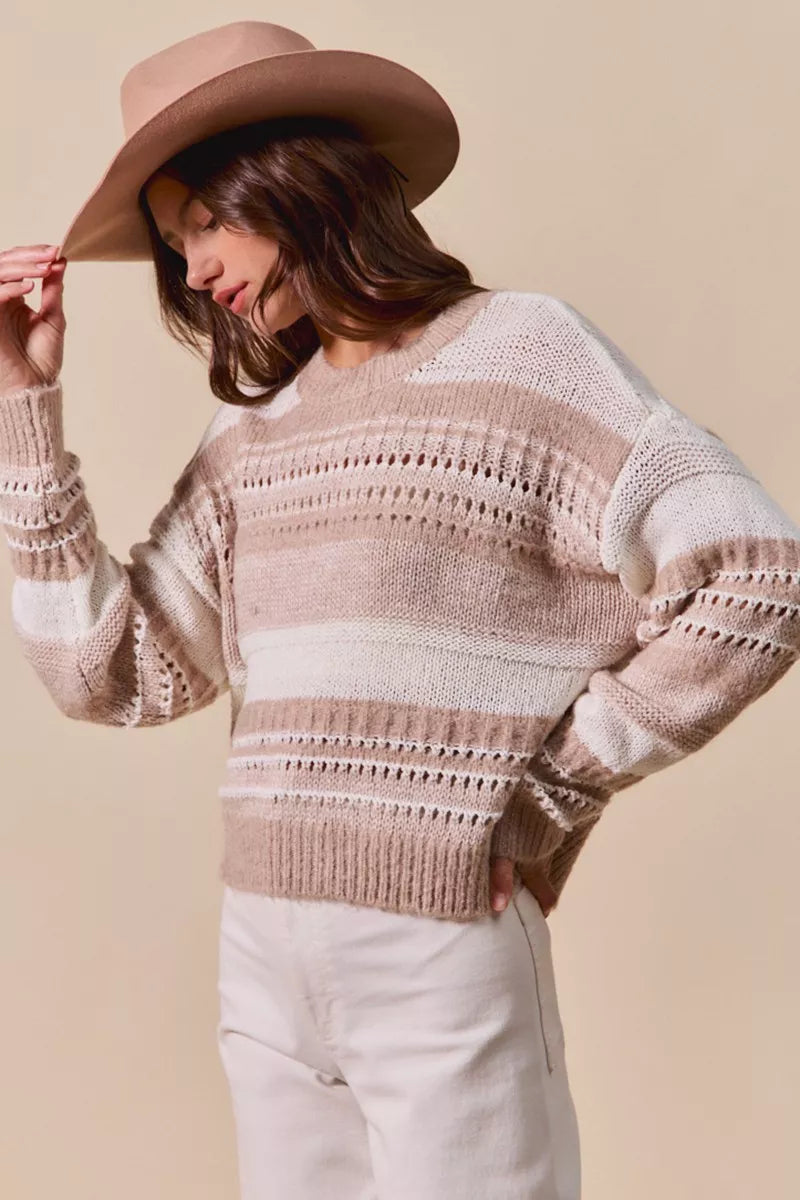 Sandstone Striped Open Knit Sweater in soft taupe and ivory with long sleeves and textured openwork stitching, side angle