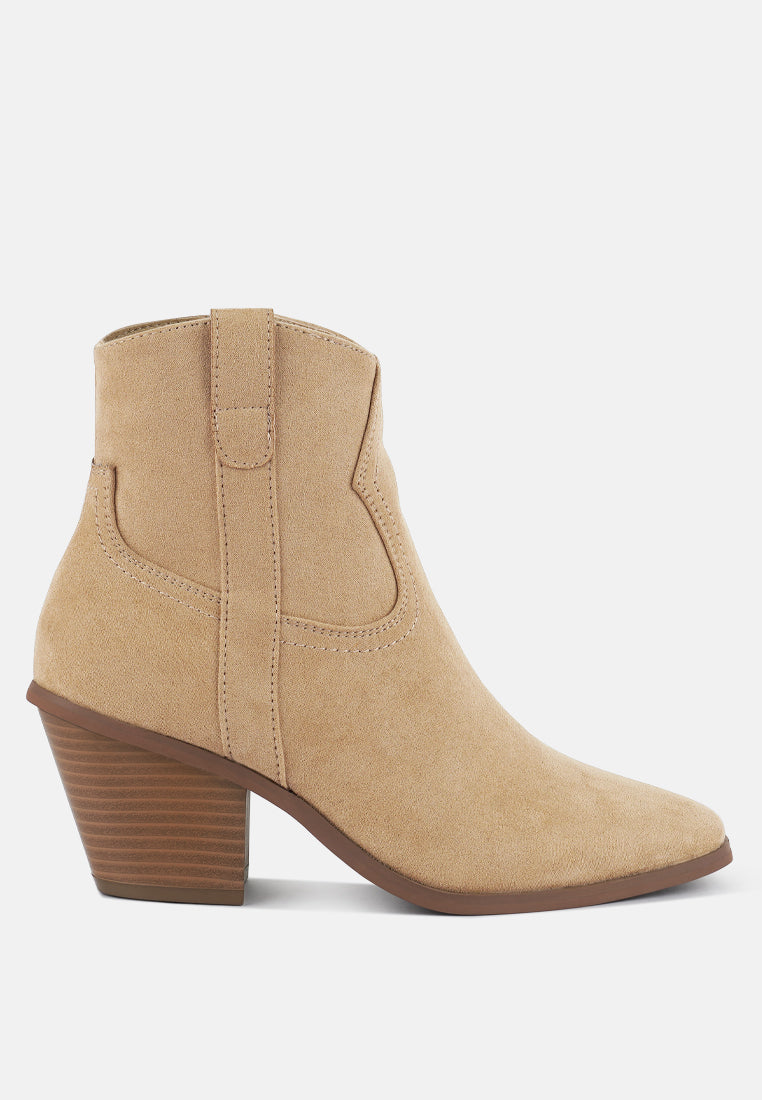 Taupe ankle boot with a block heel on a white background, side view