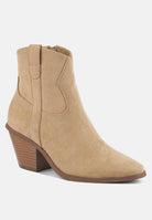 Taupe ankle boot with a block heel on a white background