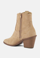 Taupe ankle boot with a brown block heel on a white background