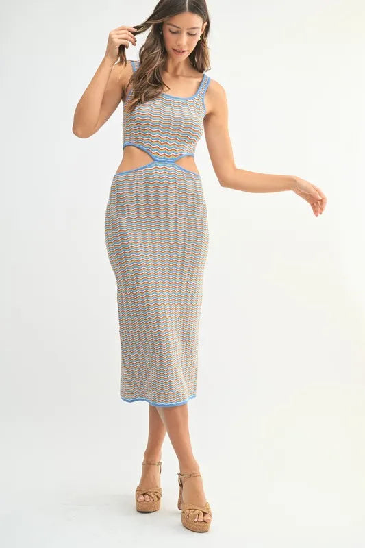 Front view of multicolor chevron knit cutout midi dress
