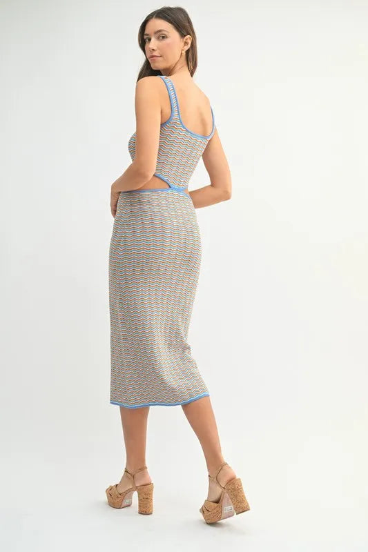 Back view of multicolor sleeveless knit midi dress
