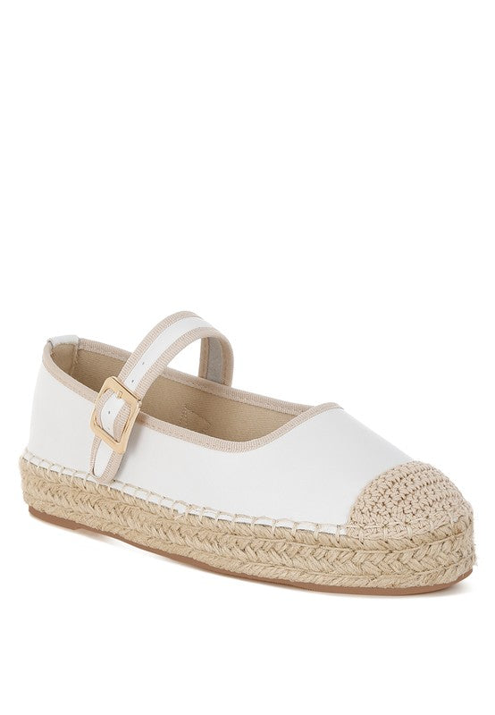 Front view of white leather espadrille flats with buckle strap and woven toe detail-AVAH