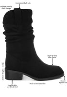 Black slouch boot diagram showing square toe, block heel, pull tab, faux suede-AVAH