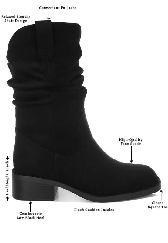 Black slouch boot diagram showing square toe, block heel, pull tab, faux suede-AVAH