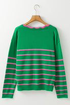 Back view of striped cardigan on hanger showing relaxed fit