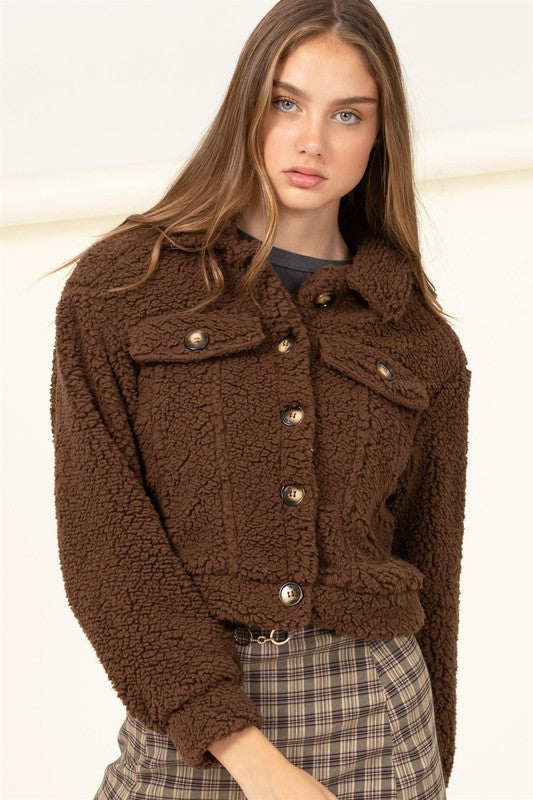 Warm Pleasures Teddy Button Down Jacket - Brown-Avah