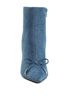 front view of denim ankle boot with centered bow tie detail