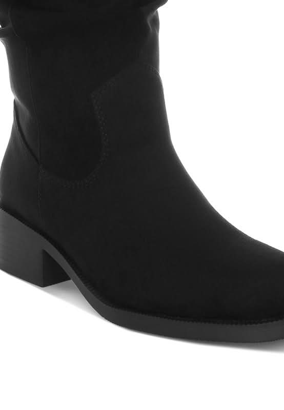 Close up of black faux suede slouch mid-calf boot-AVAH