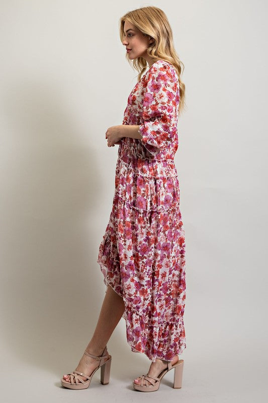 AVAH-Mila Floral Long Sleeve Maxi Dress-Pink Red and White 