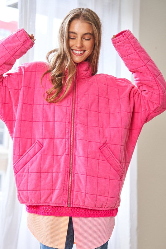 Tranquil Trails Quilted Zip Jacket-Pink-Avah