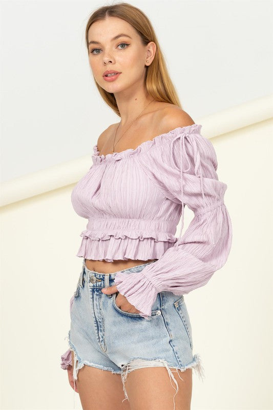 AVAH-Blushing Beauty Off The Shoulder Long Sleeve Blouse-Lavender