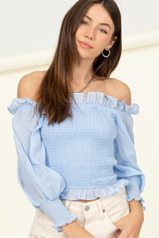 Irresistibly Chic Smocked Off-the-Shoulder Top-Light Blue-Avah
