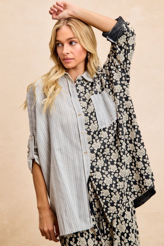 Front view of Florence Mixed Print Button Down Shirt showing asymmetrical floral and pinstripe design with button front.