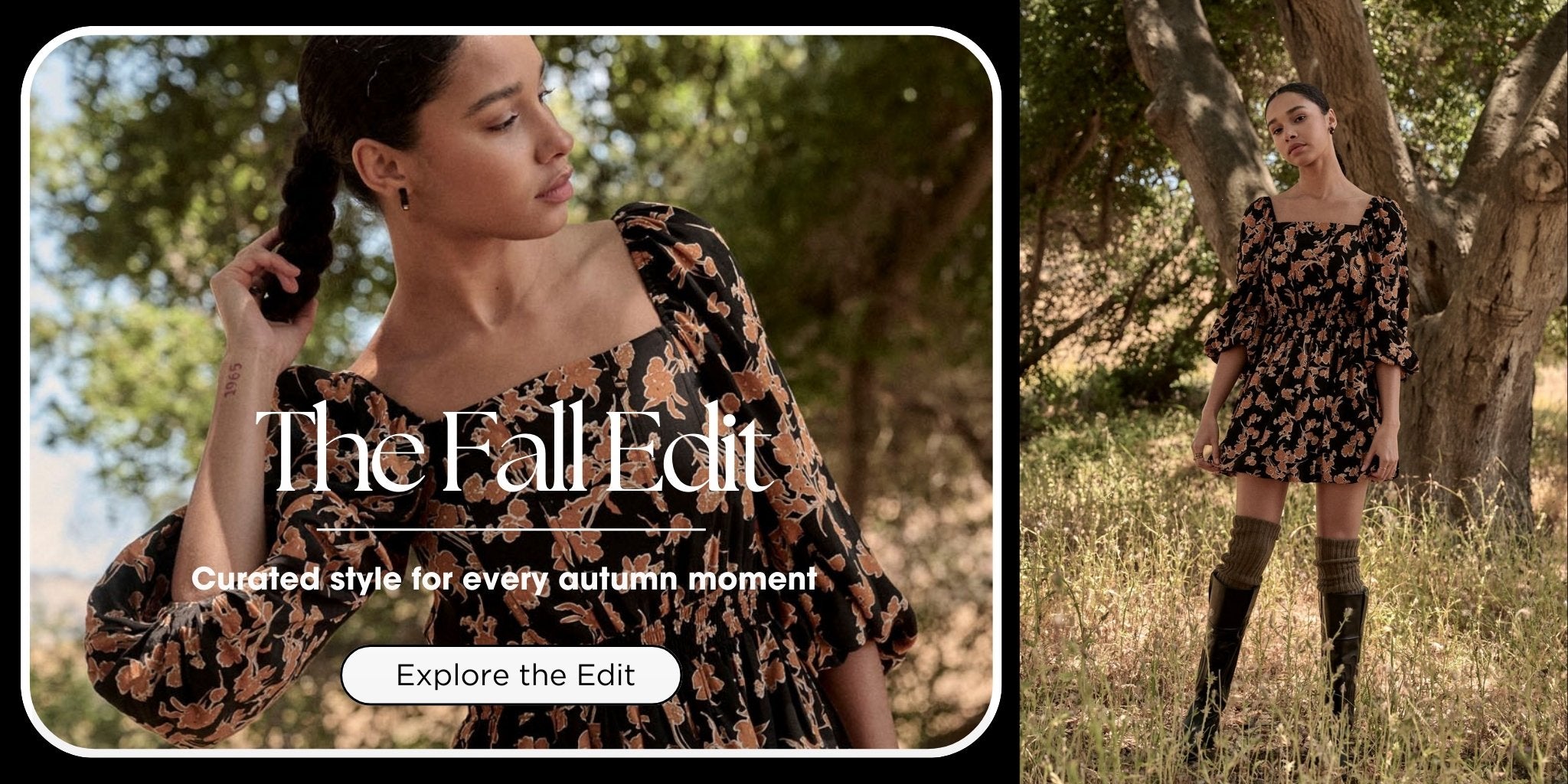 The Fall Edit banner by AVAH featuring a model in a floral mini dress with knee-high boots, showcasing women’s fall fashion staples in dresses and coats