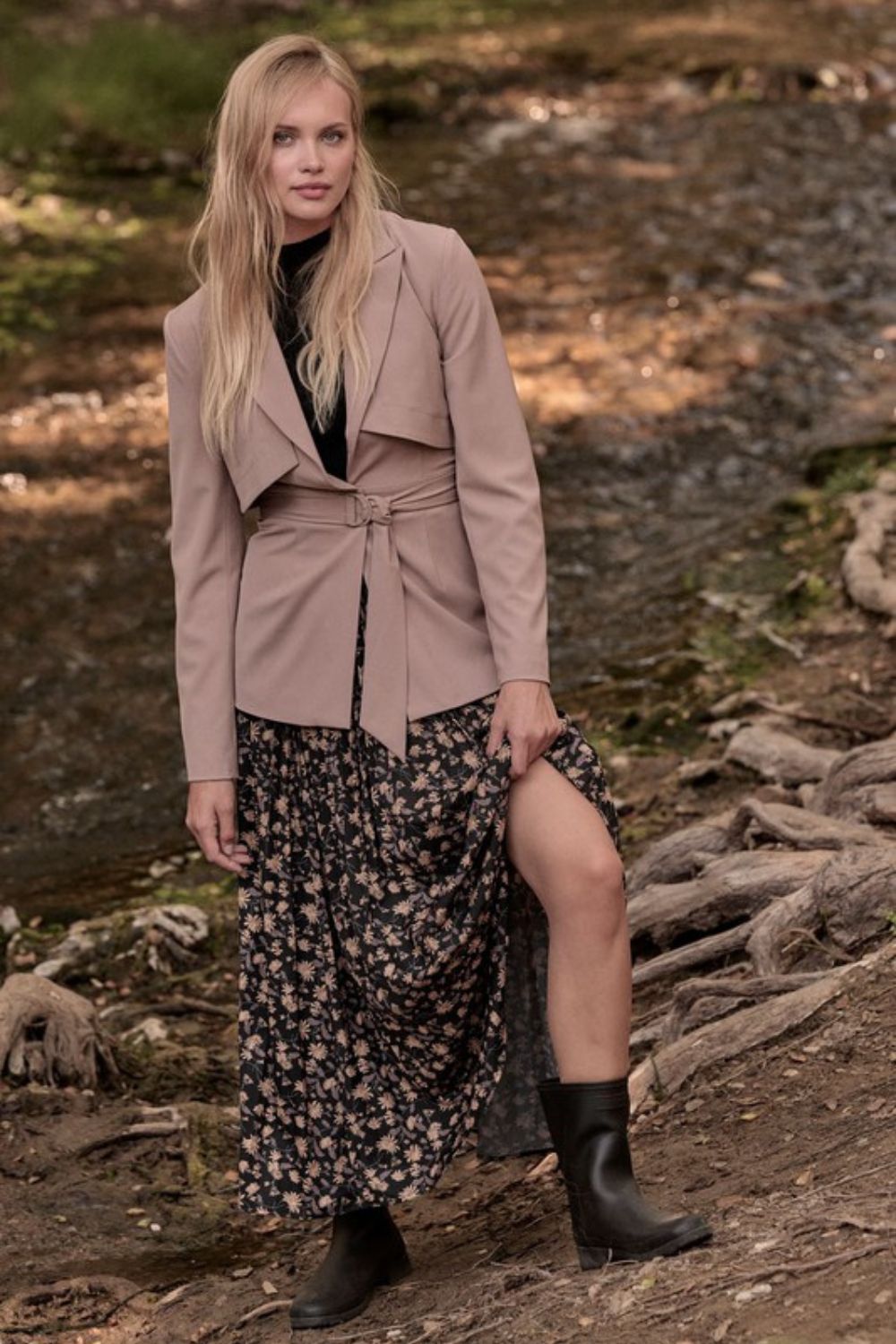 AVAH Layering Essentials banner featuring a belted beige jacket over a floral dress, women’s fall jackets and coats styled for modern outerwear looks