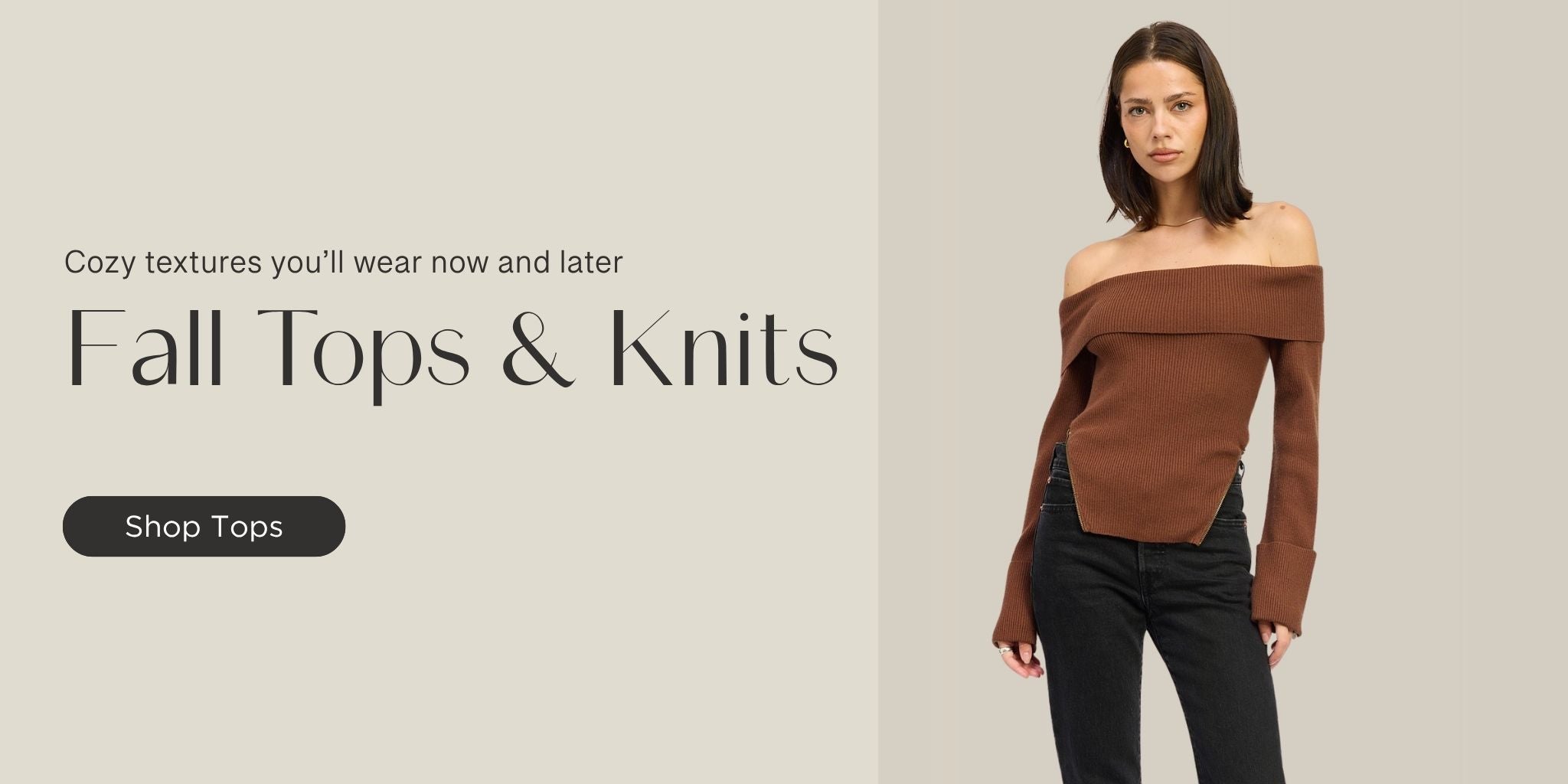 Fall Tops & Knits banner featuring a woman in an off-shoulder brown sweater on a beige background, promoting AVAH’s cozy fall tops and knitwear.