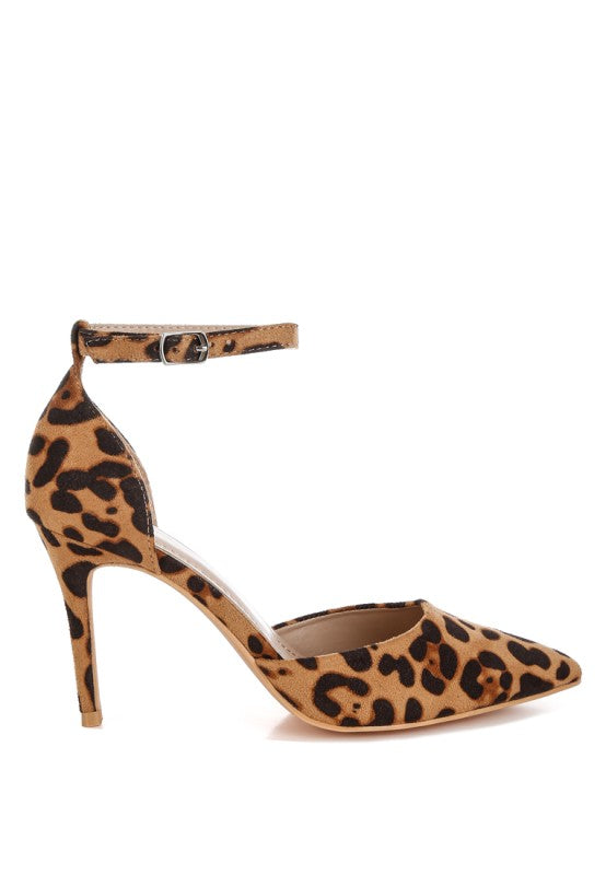 side view of leopard stiletto heel with buckle strap
