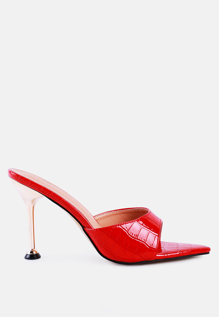 Red metallic heeled pointed toed sandal with croc texture faux leather and accented with the metallic accent side view