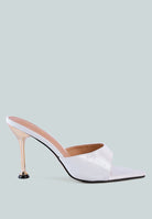 White metallic heeled pointed toed sandal with croc texture faux leather and accented with the metallic accent side view