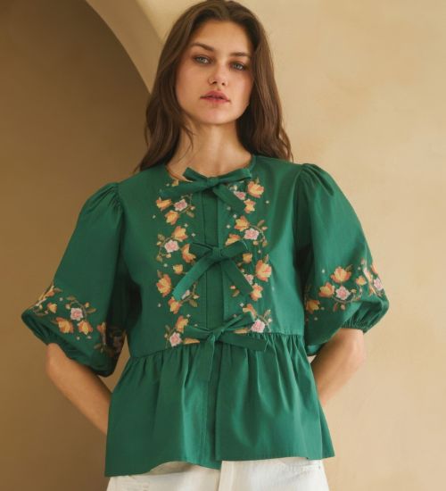 Puff-sleeve green embroidered blouse with floral details, from AVAH Collections