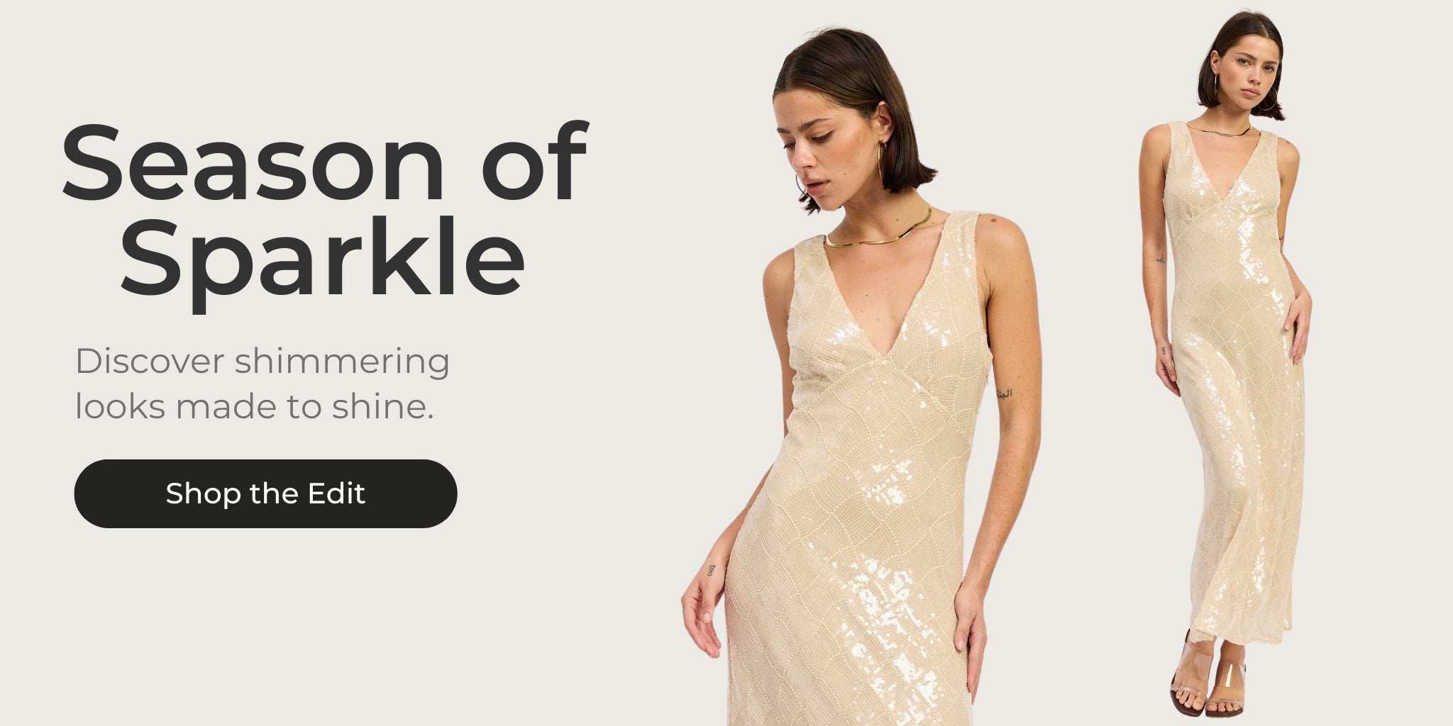 Gold sequin maxi dress banner for AVAH’s Season of Sparkle holiday collection.