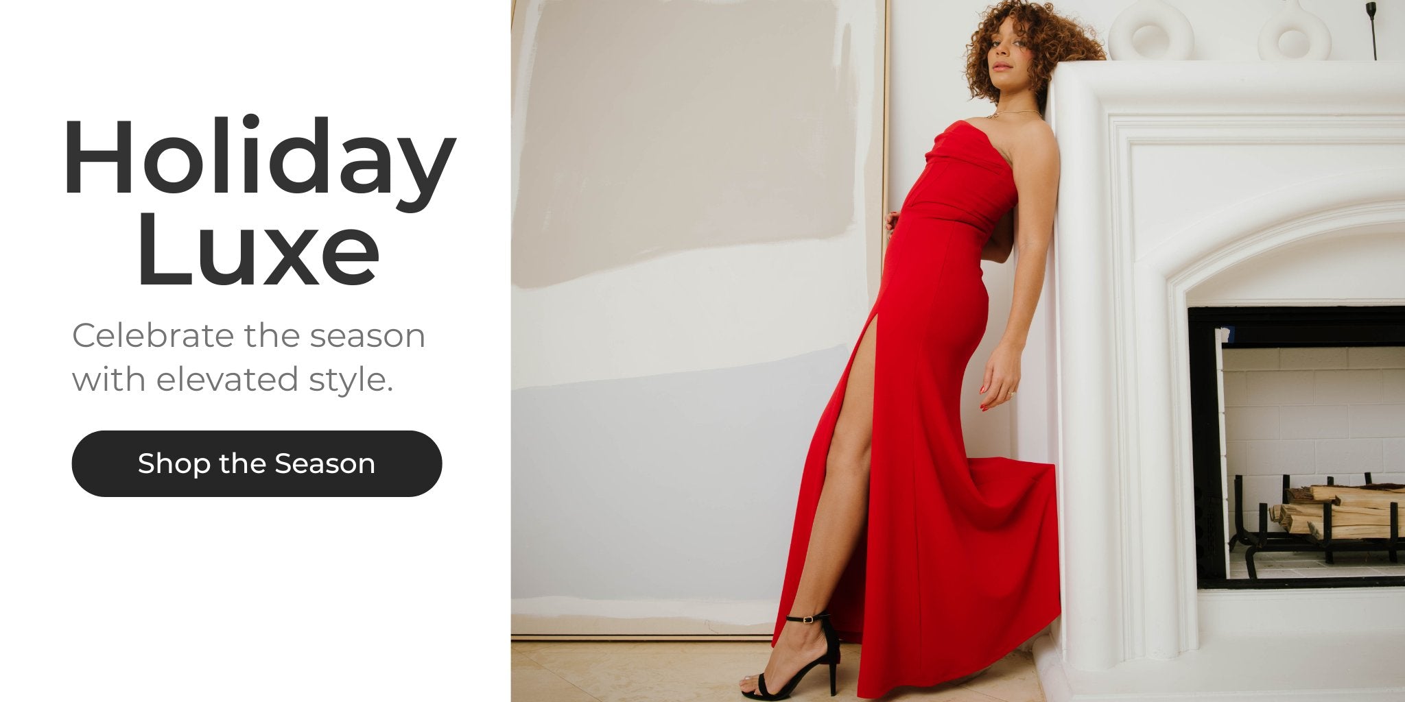 AVAH holiday fashion banner featuring a woman in a red strapless gown, showcasing holiday women’s outfits and seasonal styles.