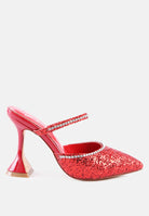 red glitter mules with rhinestone embellishment, sculpted heel, pointed toe and crystal decorated elastic strap Side view