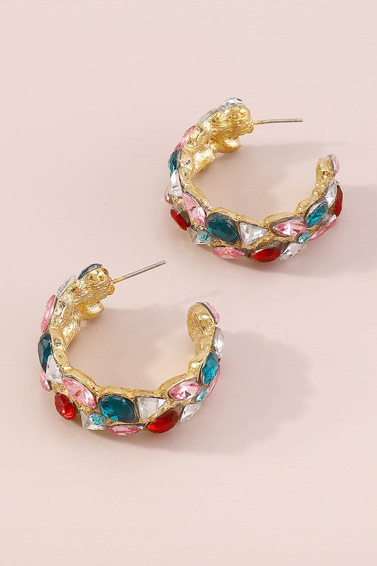 Rainbow Rhinestone C-Shaped Hoop Earrings-Avah