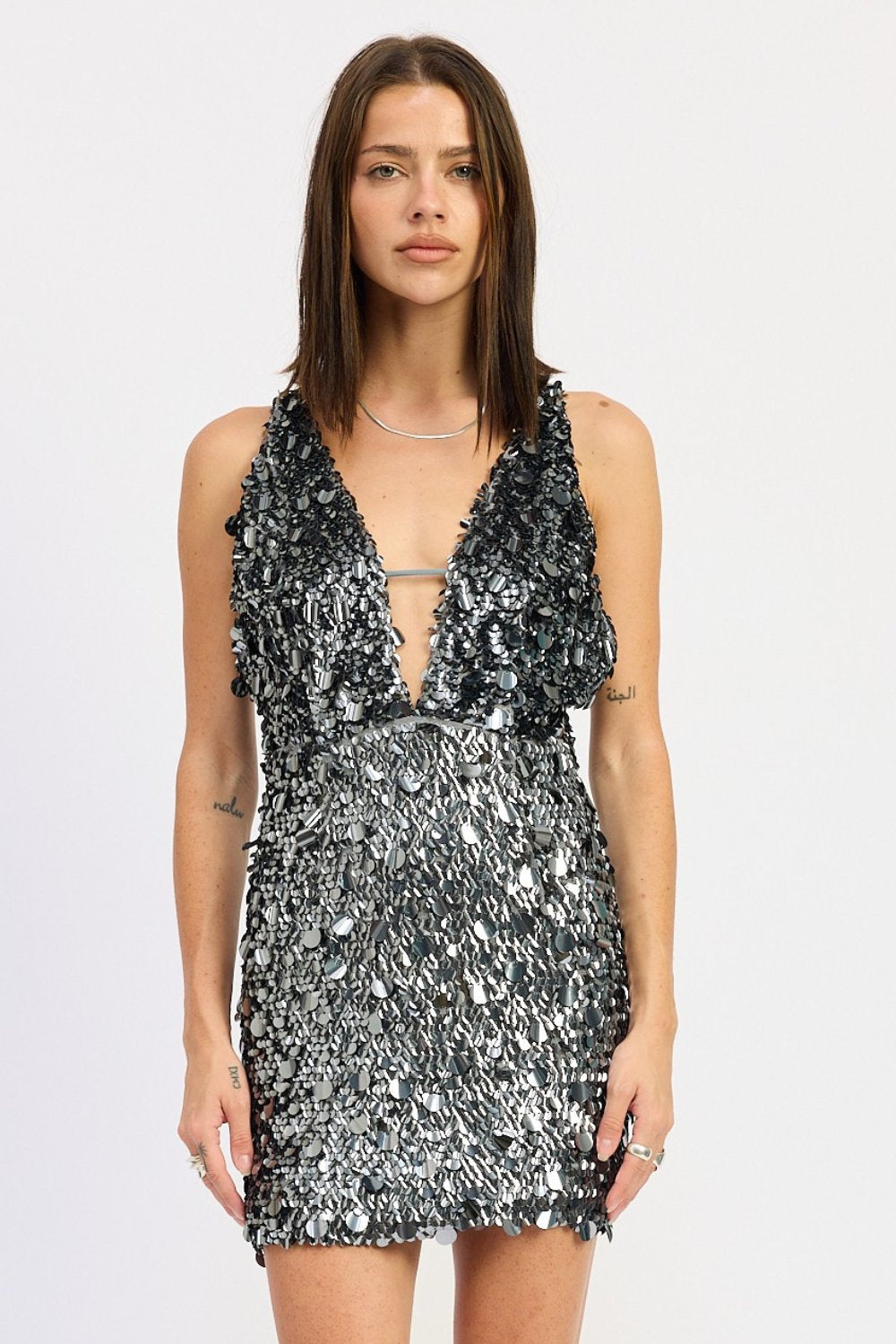 Deep V silver sequin mini dress from AVAH’s Shimmer & Shine holiday collection.