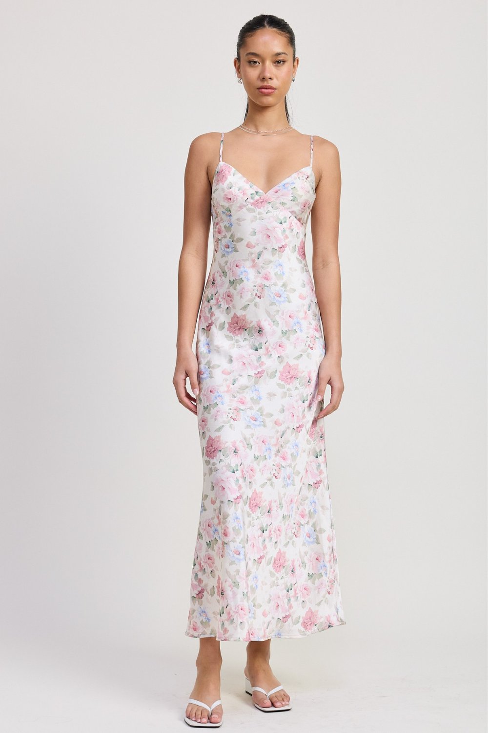 Soft floral print slip midi dress with delicate pastel tones