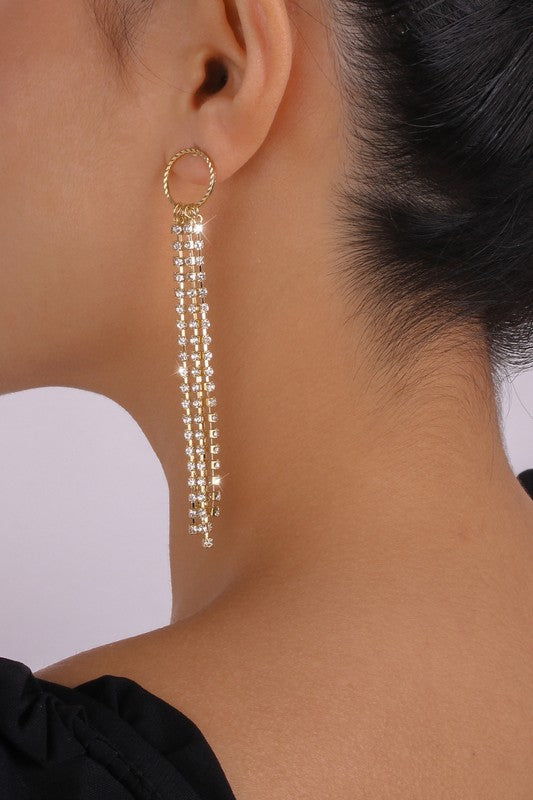 Long Tassel Round Rhinestone Dangle Earrings-Gold-AVAh