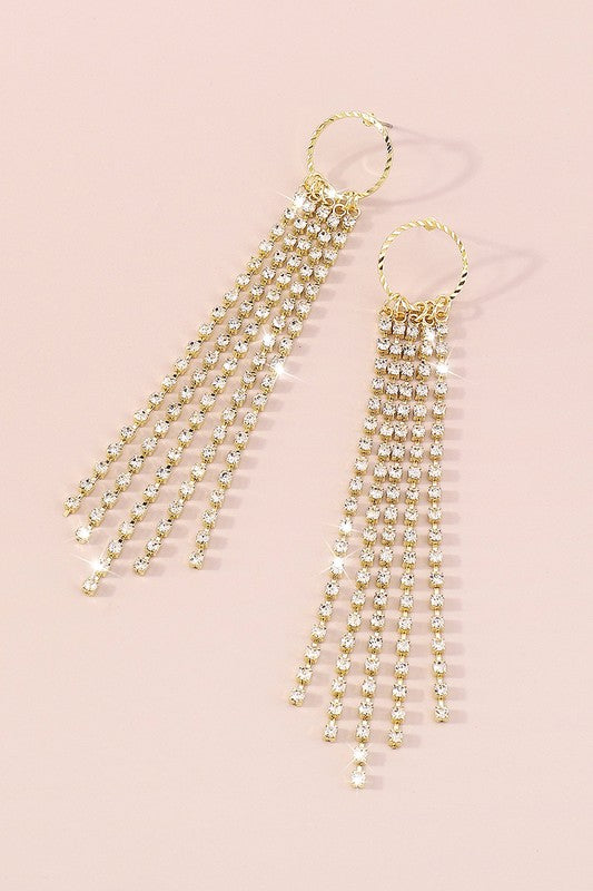 Long Tassel Round Rhinestone Dangle Earrings-Gold-AVAh