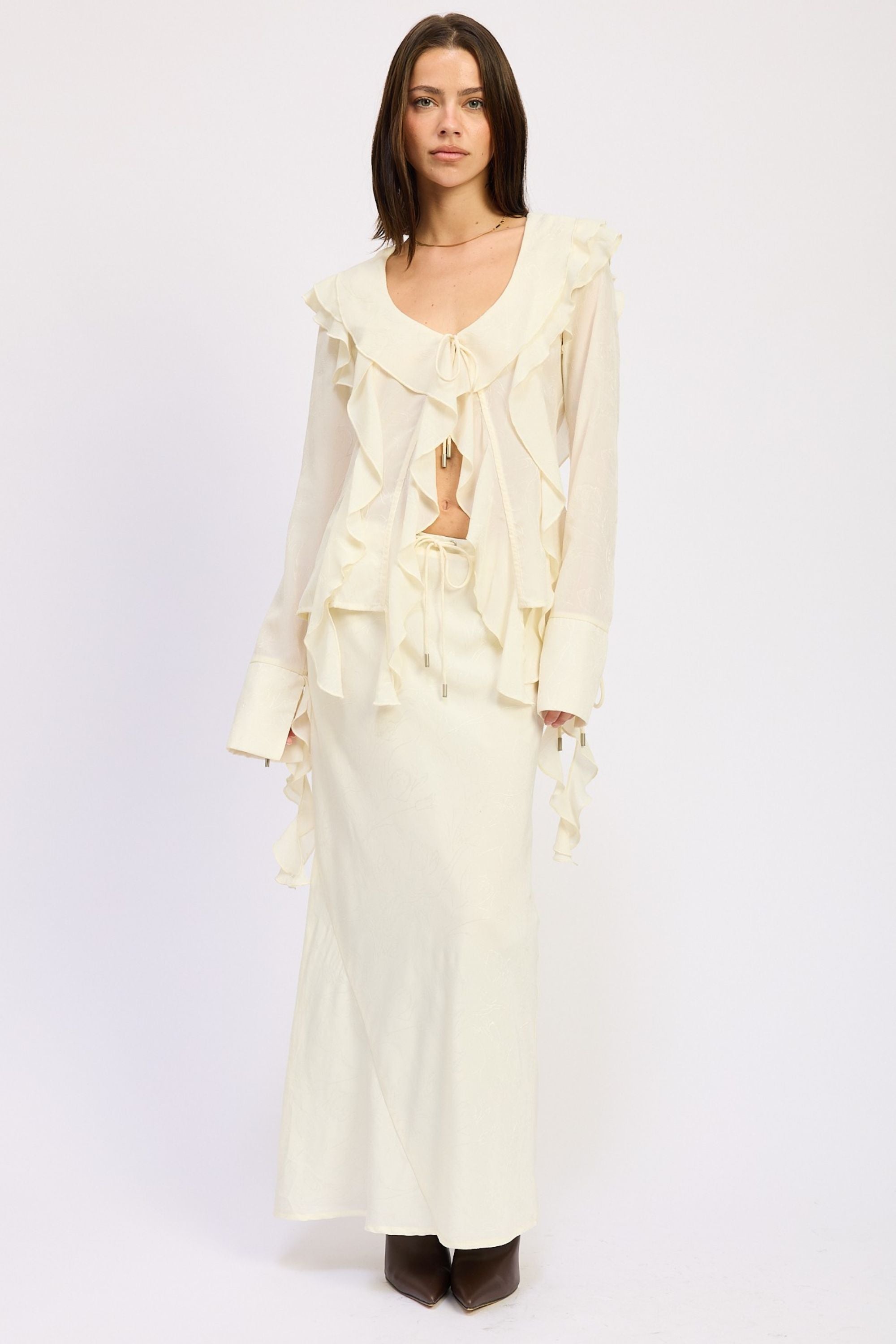 AVAH Tops & Blouses banner featuring a cream ruffle blouse with tie-front detail, feminine women’s fall top style
