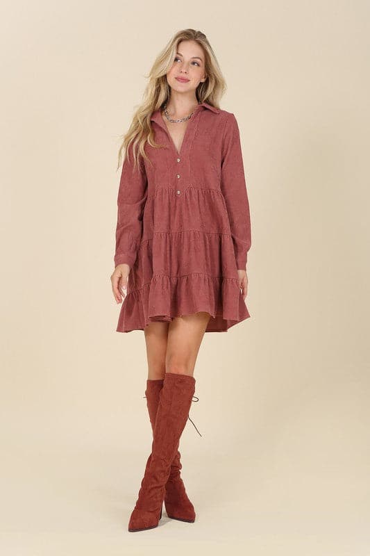 Timeless Corduroy Tiered Mini Dress - Blue or Pink