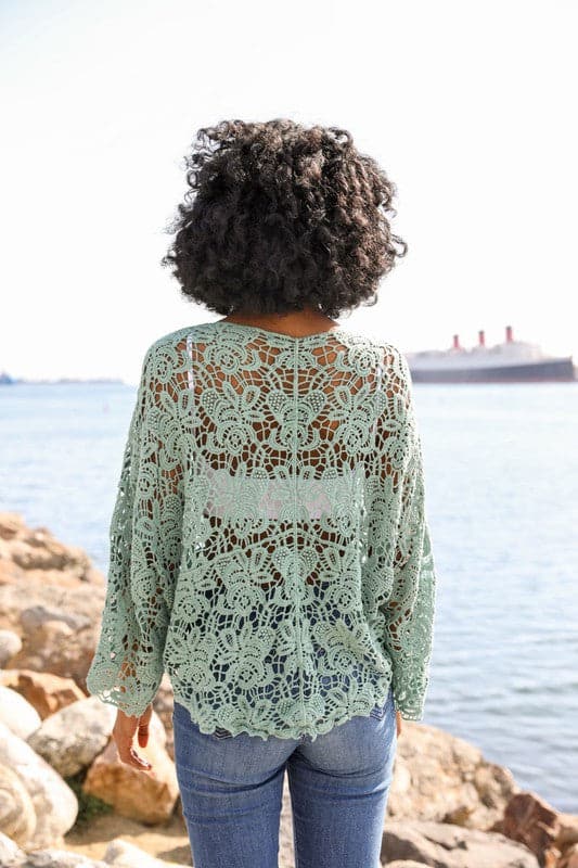 Tie Front Crochet Top-Mint-Avah Couture