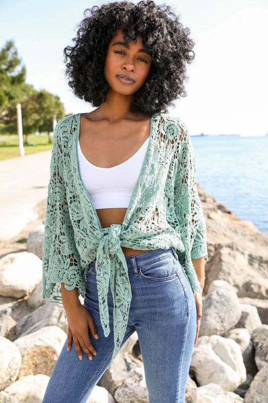 Tie Front Crochet Top-Mint-Avah Couture